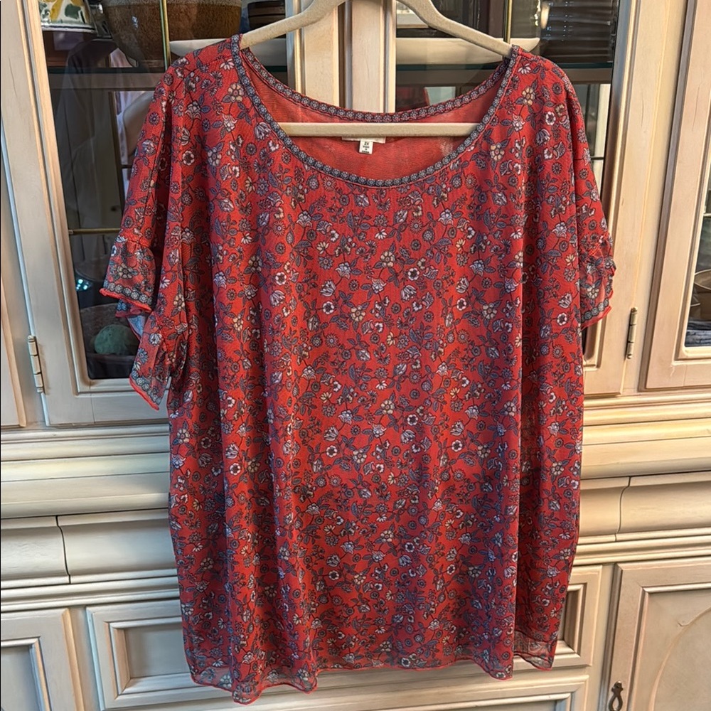 Max Studio Coral Red Mesh Boxy Blouse with Short Sleeves